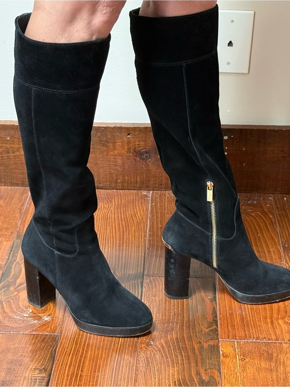 Michael Kors Black Suede Knee-High Platform Boots with Gold Zip Accent - Picture 3 of 6